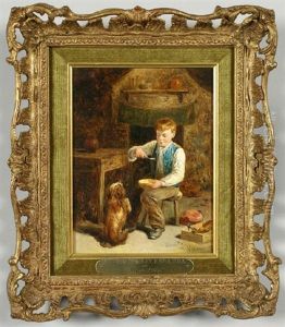 Young Boy Eating While His Dog Sits And Begs Young Boy Eating While His Dog Sits And Begs