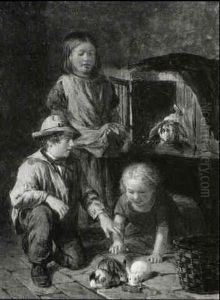 Children With Their Pet Rabbits by William Hemsley