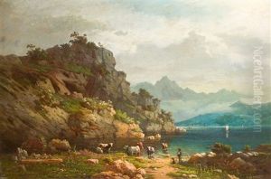 Kuhe An Der Tranke (schweizer Seelandschaft) by Hermann Hemstedt