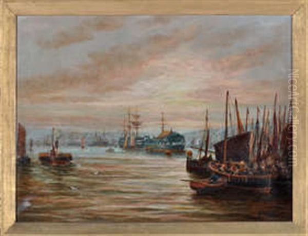 North Shields Harbour With Hms Wellesley At Anchor In The Middle Distance - view 1