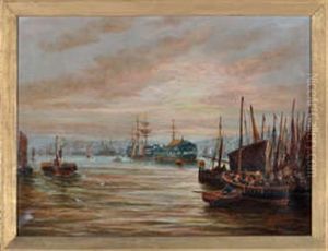 North Shields Harbour With Hms Wellesley At Anchor In The Middle Distance