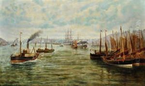 Hms Wellesley And Other Shipping In North Shields Harbour by Bernard Benedict Hemy