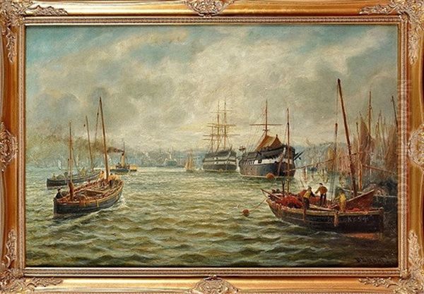 North Shields Harbour With Fishing Boats And Hms Wellesley Moored In The Distance - view 1