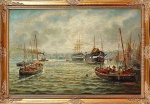 North Shields Harbour With Fishing Boats And Hms Wellesley Moored In The Distance