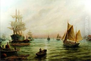 Shipping Scene With Fishing Boats And Steamer At Harbour Mouth by Bernard Benedict Hemy