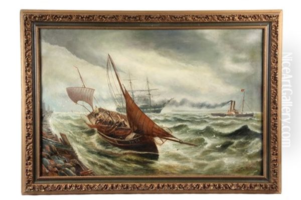 Fishing Boat Driven To Shore, Warship Under Tow In Storm - view 1