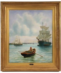 Sailor In Skiff Rowing To Ship Loading Lumber by Bernard Benedict Hemy