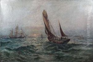 Fishing Boat On A Choppy Sea With Coastline In The Distance by Bernard Benedict Hemy