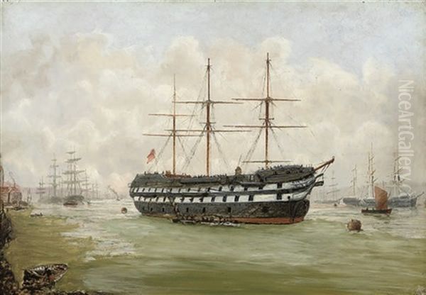 A Receiving Ship Moored In A Harbour (+ A Moored Hulk At Dusk; Pair) - view 1