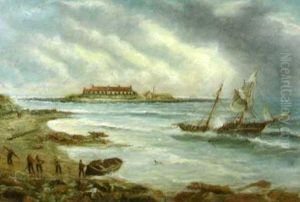 A Sailing Ship Grounded In A Channel, With Fishermen Alongside A Sailing Ship Grounded In A Channel, With Fishermen Alongside