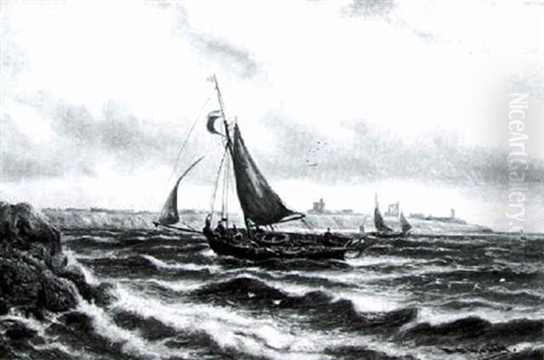 Fishing Boats Off Shore With Buildings Silhouetted In The Distance - view 1