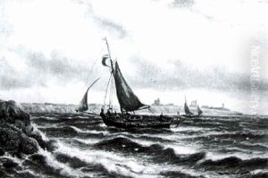 Fishing Boats Off Shore With Buildings Silhouetted In The Distance by Bernard Benedict Hemy