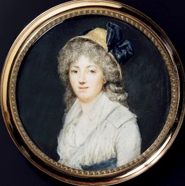 Portrait De Jeune Femme En Robe De Voile Blanc Ceinturee De Bleu, En Buste Vers La Gauche Presque De Face, Coiffee D'un Chapeau De Paille A Large Ruban De Soie, Sa Chevelure Retombant En Boucles Sur Les Epaules - view 1