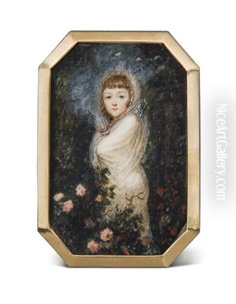 Portrait De Jeune Fille En Allegorie Du Feu, Avec Flambeau Et Carquois, Les Cheveux Au Naturel Avec Un Voile Ourle De Flammes Et Entoure De Fumee, Devant Un Rosier - view 1