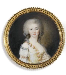 A Young Lady, In White Dress With Lace Trim With Garland Of Pink Flowers Draped Over Her Right Shoulder... A Young Lady, In White Dress With Lace Trim With Garland Of Pink Flowers Draped Over Her Right Shoulder...