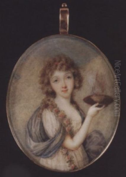 Rosalie Duthe, In The Guise Of A Vestal Virgin, Wearing Low-cut White Dress And Blue Shawl, A Garland Of Pink Flowers About Her Neck, She Holds A Flaming Bowl - view 1