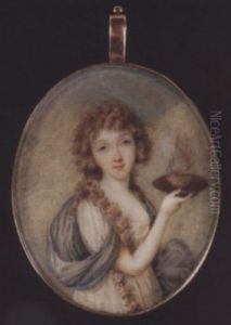 Rosalie Duthe, In The Guise Of A Vestal Virgin, Wearing Low-cut White Dress And Blue Shawl, A Garland Of Pink Flowers About Her Neck, She Holds A Flaming Bowl by Charles Henard