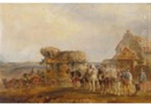 A Mail Coach Before A Farmstead; A Cart And Horses And A Mail Coach Before An Inn by Charles Cooper Henderson