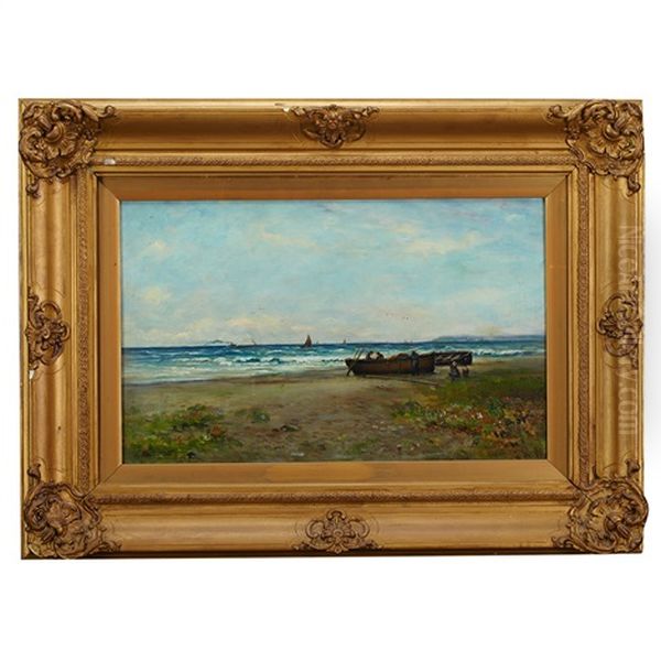 Beach Scene With Figures Tending Fishing Boats - view 1