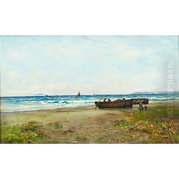 Beach Scene With Figures Tending Fishing Boats - view 1