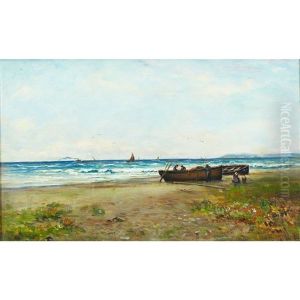 Beach Scene With Figures Tending Fishing Boats by Joseph Henderson