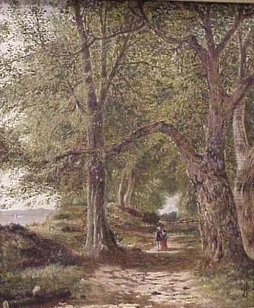 A Couple Strolling A Wooded Lane With Water And Mountains In Background - view 1