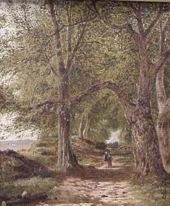 A Couple Strolling A Wooded Lane With Water And Mountains In Background A Couple Strolling A Wooded Lane With Water And Mountains In Background