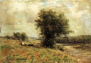 A Summer Meadow View By The River Stinchar, Ayrshire by Joseph Morris Henderson