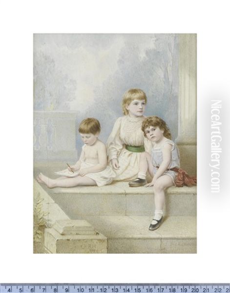 Three Children Seated Before A Column On A Stone Veranda (cracked) - view 1