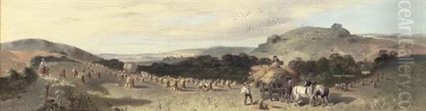 Haymaking In An Extensive Landscape (+ Figure With Sheep And Cattle In A River Landscape; Pair) - view 1