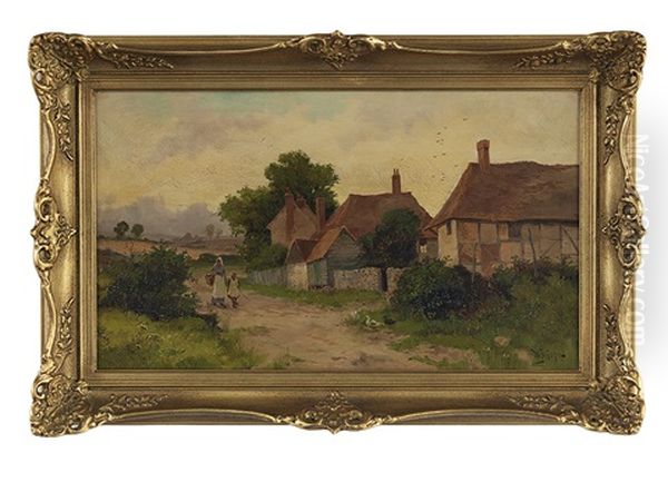 Mother And Child Walking On Path Near Cottages - view 1