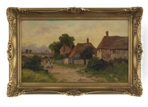 Mother And Child Walking On Path Near Cottages