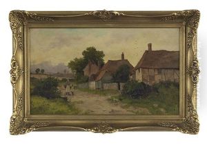 Mother And Child Walking On Path Near Cottages