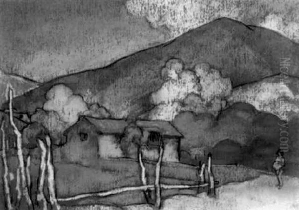Taos Landscape With Adobe, Figure And Distant Mountain - view 1