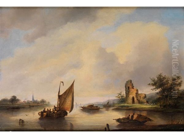 Flusslandschaft Mit Schiffen Und Ruine - view 1