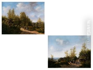 Rastender Wanderer Und Frau Mit Weisser Haube An Einem Waldweg (+ Frau Mit Weisser Haube Neben Einem Knaben Mit Hundchen And Einem Waldweg; Pair) by Frederik Hendrik Hendriks