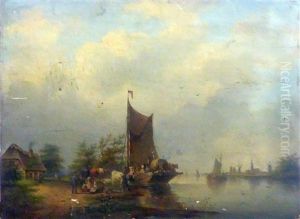 A River Landscape With A Laden Ferry Boat, Other Figures And Cattle, An Inn To The Left And A Village With Church Spire To The Right