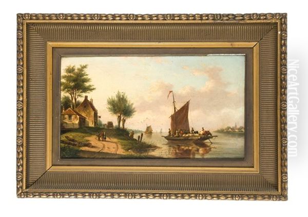 Fluslandschaft Mit Fahrboot Und Figurenstaffage - view 1
