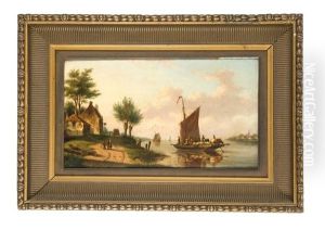 Fluslandschaft Mit Fahrboot Und Figurenstaffage