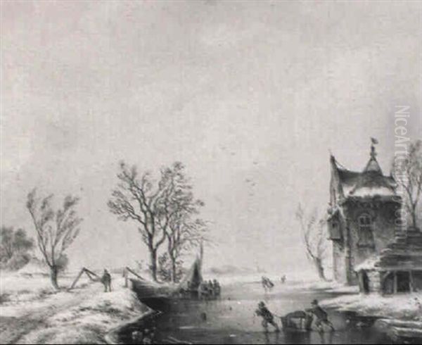Figures With A Sled And Skaters Before A House On A Frozen River - view 1