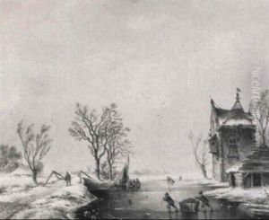 Figures With A Sled And Skaters Before A House On A Frozen River