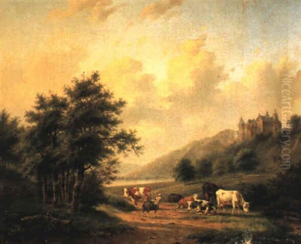 Vaches Dans Un Paysage Avec Chateau - view 1