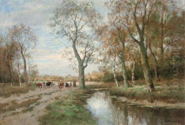 Cattle And Drover On A Woodland Track - view 1