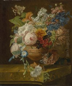 A Still Life Of Roses, Peonies, Morning Glories, A Carnation, And Other Flowers, In A Decorative Vase, On A Ledge, With A Fly And A Snail