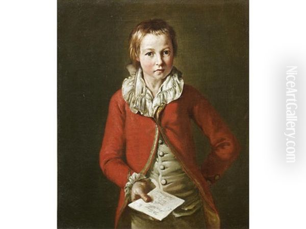 Portrait Of A Boy, Three-quarter-length, In A Red Coat, Holding A Letter (+ And Portrait Of A Young Girl, Three-quarter-length, In A Gold Dress With A Blue Sash, Holding A Box With A Small Letter; Pair) - view 1