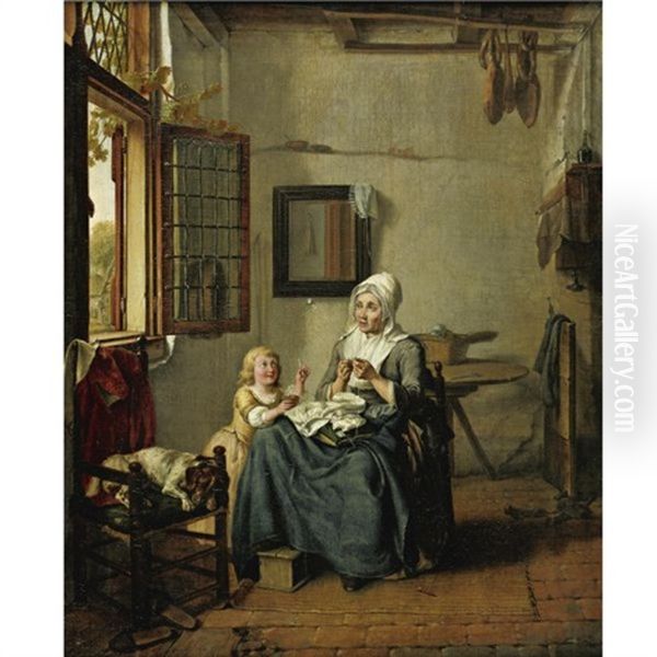 Interior With A Woman And Child Sewing By An Open Window, A Dog Asleep In A Chair - view 1
