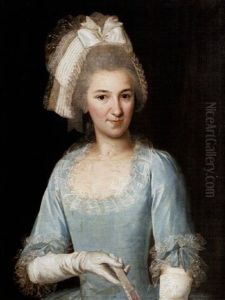 Portrait Of A Lady In A Turquoise, Lace-edged Dress And White Gloves, Holding A Fan