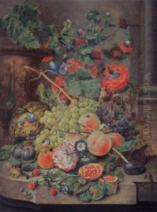 A Still Life With Grapes, Peaches, Prunes, A Melon, A Pomegranate, Raspberries, Together With Morning Glory And Other Flowers And Insects On A Marble Ledge by Wybrand Hendriks