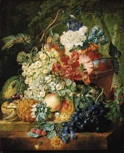 Grapes On The Vine, Peahces And Plums In A Basket, A Pineapple, Cherries, Raspberries And Other Fruit, With Morning Glory And Other Flowers