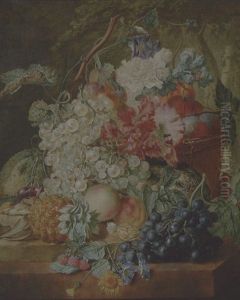 Grapes On The Vine, Peaches And Plums In A Basket, A Pineapple And Other Fruit, With Morning Glory And Other Flowers, A Butterfly On A Walnut, All On A Stone Ledge